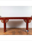 Antique Chinese Red Lacquered Console Table with Gilt Accents and Carved Apron-5. Asian & Chinese Furniture, Art, Antiques, Vintage Home Décor for sale at FEA Home