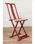 Antique Chinese Red Lacquered Folding Traveler's Chair with Footrest and Fabric-12. Asian & Chinese Furniture, Art, Antiques, Vintage Home Décor for sale at FEA Home