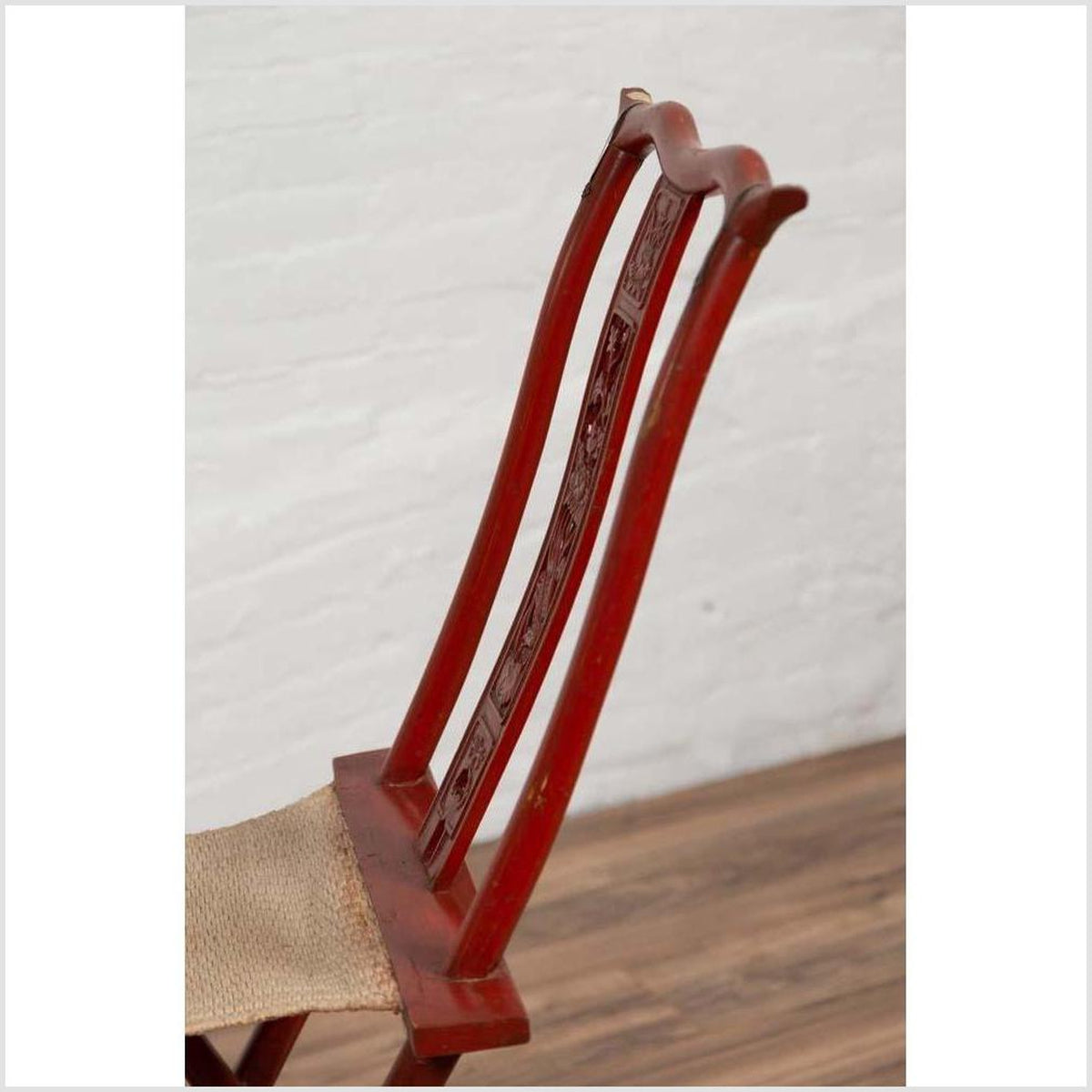 Antique Chinese Red Lacquered Folding Traveler's Chair with Footrest and Fabric-16. Asian & Chinese Furniture, Art, Antiques, Vintage Home Décor for sale at FEA Home