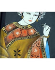 Close-up of woman in colorful traditional attire with floral patterns, inspired by antique Chinese reverse glass painting.