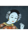 Colorful glass reverse painting of a woman with flowers, gold earrings, and patterned clothing, antique Chinese art.