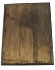 Close-up of a dark, weathered wood rectangle with metal hook, inspired by antique Chinese reverse painting on glass.