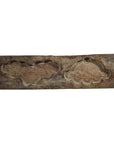 Rectangular antique wood Chinese rice mold with floral and cloud carvings, close-up on carved details.