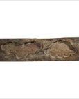 Rectangular antique wood Chinese rice mold with floral and cloud carvings, close-up on carved details.