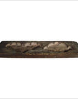 Rectangular wooden antique Chinese rice mold with two carved bun shapes, close-up, additional models in background.