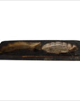 Rectangular antique Chinese rice mold, carved details on wood, close-up on neutral background.