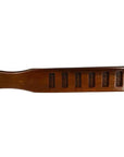 Brown wooden antique Chinese rice mold with handle and six rectangular cutouts, shown on a white background.