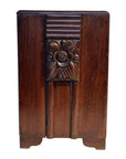 Dark rosewood side table with carved floral patterns and polished finish, antique style.
