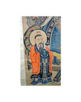 Close-up of antique Chinese scroll painting showing bearded man in orange robe with blue scarf, decorative background.