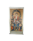 Antique Chinese scroll painting on paper showing a seated figure with two attendants and halo-like backdrop.