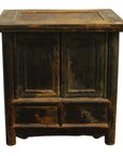 Weathered dark wood Chinese side cabinet with two doors and two drawers, vintage finish, front view.