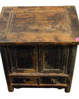 Wooden antique Chinese side cabinet with two doors, one drawer, and a pink sticker on the top right corner.