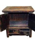 Rustic wood Chinese side cabinet with two open doors above and two small drawers below, antique finish.