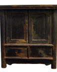 Rustic weathered wood Chinese side cabinet with two doors and two small drawers, vintage finish, front view.