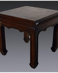 Dark wood Chinese antique square side table with horse hoof legs, set against a plain gray background.