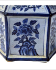 Blue and white porcelain sake bottle, hexagonal shape, hand-painted floral panels, antique Chinese Taisho style.