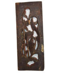 Brown wooden rectangular panel with abstract carved shapes, rustic finish, vertical peony spray design, close-up view.