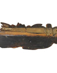 Brown wood antique Chinese temple carving on its side, plain white background.