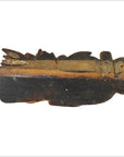 Brown wood antique Chinese temple carving on its side, plain white background.
