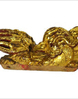 Gold antique Chinese temple dragon carvings pair, gold material, reclining on white background, close-up.