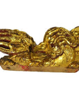 Gold antique Chinese temple dragon carvings pair, gold material, reclining on white background, close-up.