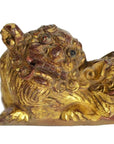 Close-up of gold and red antique Chinese temple dragon carvings, pair, showing intricate details.