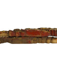 Red and gold wood temple carvings, antique, pair displayed side by side on white background.