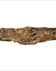 Gold and brown antique Chinese temple wood carvings with dragon motifs, close-up view.
