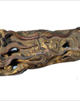 Close-up of antique wood Chinese temple carvings pair with intricate carved dragon motif.