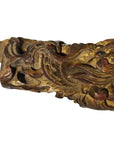 Gold gilded wood antique Chinese temple carvings pair, intricate swirl details, white background, close-up view.
