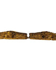 Brown wood antique Chinese temple carvings with dragon designs, displayed side by side on a white background.