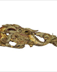 Close-up of gold and red wood Chinese temple carvings, featuring ornate mythical creatures and intricate detailing.