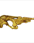 Gold carved wood Chinese temple figures with feathered wing-like design on white background, close-up.