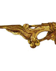 Pair of gold and red antique Chinese temple carvings, intricate detailing on white background, close-up view.