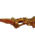 Gold and red wood Chinese temple carvings, pair, side view, white background.