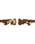 Red and white wood temple carvings pair with faded paint, irregular shapes, and exposed areas visible.