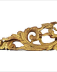 Gold wood antique Chinese temple carvings pair with ornate swirling leaf patterns and fine detailing, close-up view.