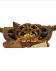 Gold and brown antique Chinese temple carvings with ornate floral patterns, front view.