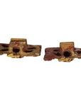 Gold and red wooden candle holders with ornate carvings, weathered finish, antique style, pair shown.