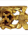 Close-up of gold-painted wood antique Chinese temple carvings with ornate floral and leaf designs, pair shown.