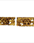 Brown wooden antique Chinese temple carvings with floral and leaf patterns, side by side on a white background.
