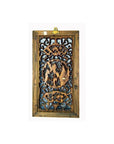 Brown handcarved wood panel with intricate floral and geometric designs in simple frame, antique Chinese temple décor.