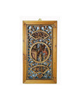 Brown wood handcarved Chinese temple wall panel with ornate 19th-century patterns and landscape scene, close-up.