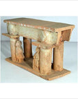 Brown terracotta clay model town gate with columns, flat roof, and two figures, 17th century Chinese style.