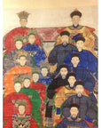 Colorful silk wall hanging with antique Chinese design, showing men and women in ornate robes and hats.