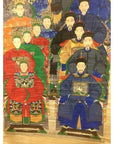 Colorful silk Chinese wall hanging with nine people in ornate robes, group portrait design.