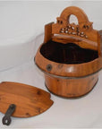Brown wooden Chinese wedding basket with decorative handle and matching lid, shown on a white background.