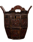Brown wood Chinese wedding box with carved handle, animal and foliage designs, and two side handles.
