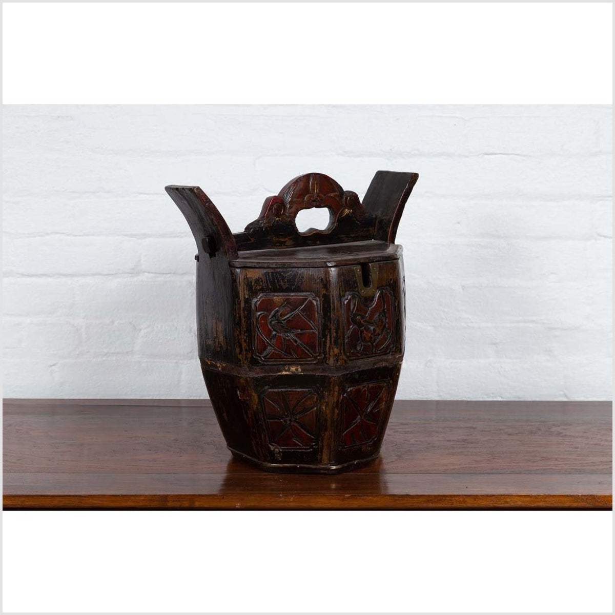 Antique Chinese Wedding Box with Carved Handle, Animals and Foliage Motifs-8. Asian & Chinese Furniture, Art, Antiques, Vintage Home Décor for sale at FEA Home