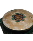 Green and brown glazed ceramic Annamese garden seat or side table with floral lid, top view.
